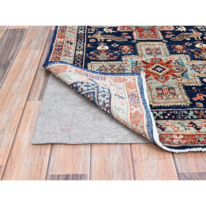 2'7"x7'9" Broncos Navy Blue, Runner, Armenian Inspired Caucasian Design, Pure And Soft Wool, Hand Knotted, Natural Dyes, Denser Weave, Small Bird Figurines, 200 KPSI, Oriental Rug Sh154 FWR924