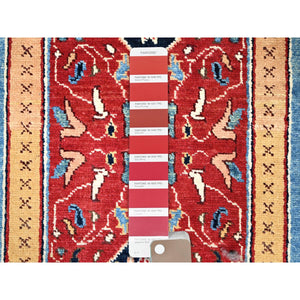 2'9"x17'5" Fire Engine Red, Natural Dyes With Tribal Elements, Narrow, Soft And Velvety Wool, Hand Knotted, Afghan Peshawar Serapi Heriz, Densely Woven, Runner Oriental Rug Sh187 FWR1122