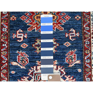 2'6"x6'8" Broncos Blue, Hand Knotted Organic Wool Densely Woven Afghan Super Kazak Natural Dyes Tribal And Geometric Pattern Oriental Runner Rug Sh188 FWR1128