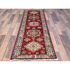 2'x6'1" Cherry Red, Super Kazak All Wool Tribal Motifs Hand Knotted Vegetable Dyes Densely Woven Runner Oriental Rug Sh191 FWR1146