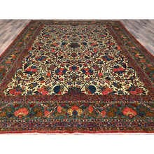 Load image into Gallery viewer, 10&#39;3&quot;x13&#39;5&quot; Lemon Icing with Alice Blue, Antique Persian Kashan, Flower and Fruit Design, Kork Wool with 300 KPSI, Full Pile, Soft and in Excellent Condition, Sides and Ends Professionally Secured, Oriental Rug Sh213 FWR1278