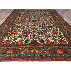 10'3"x13'5" Lemon Icing with Alice Blue, Antique Persian Kashan, Flower and Fruit Design, Kork Wool with 300 KPSI, Full Pile, Soft and in Excellent Condition, Sides and Ends Professionally Secured, Oriental Rug Sh213 FWR1278