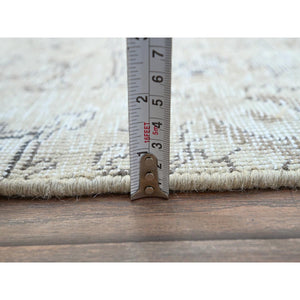 2'6"x10' Delicate White, Cropped Thin Fragment, Old Persian Tabriz Hand Knotted Pure Wool, Distressed Look, Evenly Worn, Sides and Ends Secured, White Wash Oriental Runner Rug Sh223 FWR1338