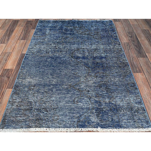 3'1"x5'1" Lichen Blue, Borderless, Overdyed Vintage Persian Tabriz, Sides and Ends Professionally Secured and Cleaned, Fragment, Hand Knotted, Sheared Low, Abrash Distressed Wool Oriental Rug Sh234 FWR1404