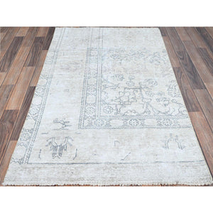 3'2"x5'2" Old Wood White, Cleaned, Ends And Sides Secured, Soft And Shiny Wool, Hand Knotted, Fragment, Persian Vintage, Worn and Distressed Condition with No Holes, Oriental Rug Sh237 FWR1422