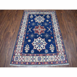 4'1"x5'10" Navy Blue Geometric Design Kazak Pure Wool Hand-Knotted Oriental Rug FWR306798