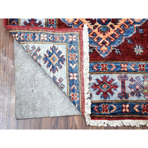 2'7"x8'6" Red Hand-Knotted Geometric Design Super Kazak Pure Wool Oriental Runner Rug FWR333216