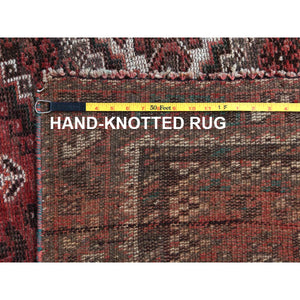 6'9"x9'6" Red Vintage and Worn Down Geometric Design Persian Shiraz Clean Hand Knotted Oriental Rug FWR346698