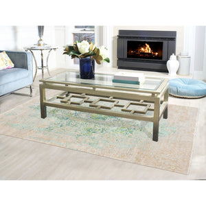 6'1"x8'10" Ivory Touch Of Green Pure Silk With Textured Wool Hand Knotted Oriental Rug FWR350622