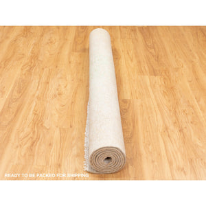 6'1"x8'10" Ivory Touch Of Green Pure Silk With Textured Wool Hand Knotted Oriental Rug FWR350622