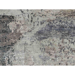 2'8"x7'8" Gray Abstract Design Wool And Silk Runner Hand Knotted Oriental Rug FWR350748