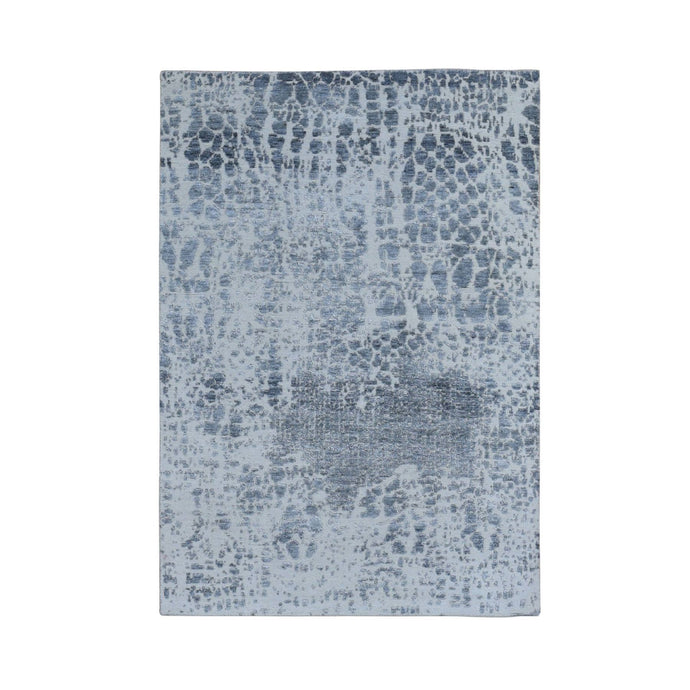 4'x6' Gray Abstract Design Wool And Silk Hi-Low Pile Denser Weave Hand Knotted Oriental Rug FWR354510