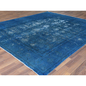 9'8"x10'10" Blue Vintage Overdyed Persian Tabriz Distressed Worn Wool Shaved Down Hand Knotted Squarish Oriental Rug FWR368922