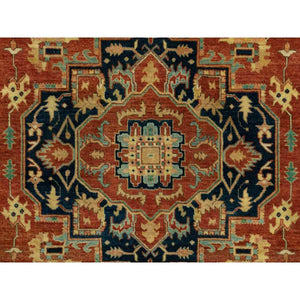 4'1"x6' Hand Knotted Red Antiqued Heriz Re-Creation Geometric Design Pure Wool Oriental Rug FWR372126