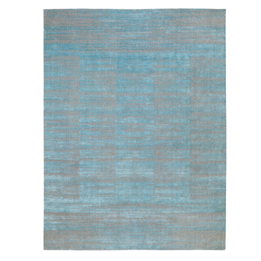 10'x14' Blue Jacquard Hand Loomed Modern Organic Wool And Art Silk Oriental Rug FWR372702