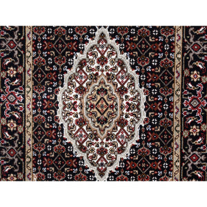 2'7"X11'10" Black Fish Medallion Design Tabriz Mahi Hand Knotted Wool And Silk Oriental Runner Rug FWR375042