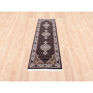 2'1"x8' Tabriz Mahi Fish Medallion Design Black Hand Knotted Wool And Silk Oriental Runner Rug FWR375348