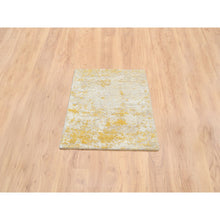 Load image into Gallery viewer, 2&#39;x2&#39;9&quot; Gold-Cream Hand Knotted Abstract Design, Hi-Low Pile, Wool and Silk Mat Oriental Rug FWR386064