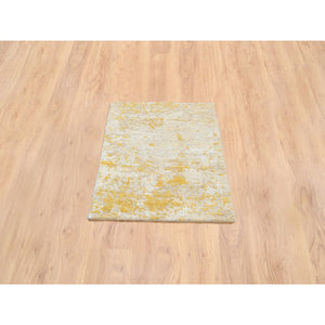 2'x2'9" Gold-Cream Hand Knotted Abstract Design, Hi-Low Pile, Wool and Silk Mat Oriental Rug FWR386064