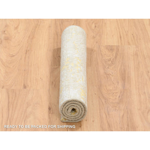 2'x2'9" Gold-Cream Hand Knotted Abstract Design, Hi-Low Pile, Wool and Silk Mat Oriental Rug FWR386064