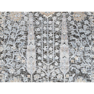 2'7"x8'3" Black and Silver, Silk with Textured Wool Hand Knotted, Willow and Cypress Tree Design, Runner Oriental Rug FWR386526