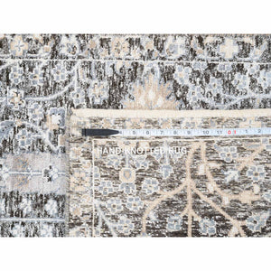 2'7"x8'3" Black and Silver, Silk with Textured Wool Hand Knotted, Willow and Cypress Tree Design, Runner Oriental Rug FWR386526