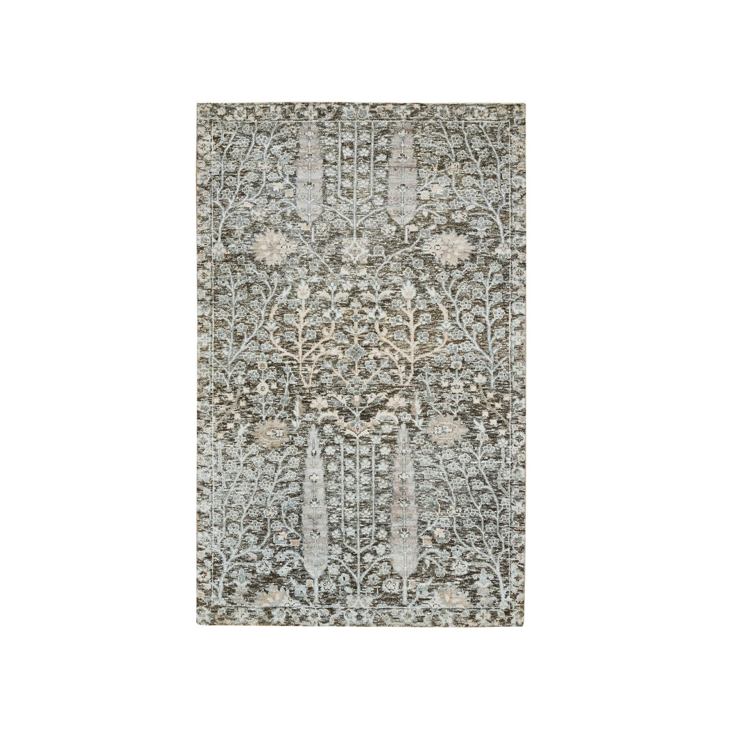 3'x5' Black and Silver, Willow and Cypress Tree Design, Silk with Textured Wool, Hand Knotted, Oriental Rug FWR391086