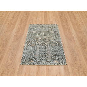 3'x5' Black and Silver, Willow and Cypress Tree Design, Silk with Textured Wool, Hand Knotted, Oriental Rug FWR391086