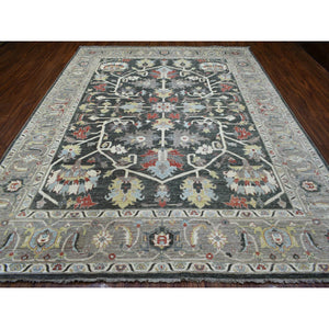 9'3"x11'9" Charcoal Black Afghan Peshawar with Heriz Design Extra Soft Wool Hand Knotted Oriental Rug FWR419628