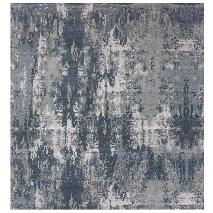 12'x12' Grotto Blue With Mix Of Delray gray, Hi-Lo Pile, Abstract Design, Wool and Silk, Modern Hand Knotted, Denser Weave Square Oriental Rug FWR451998