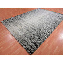 Load image into Gallery viewer, 9&#39;10&quot;x14&#39; Caviar Black with Mix of Gray, Hand Knotted, Modern Striae Design, Soft Colors Wool and Silk Oriental Rug FWR452010