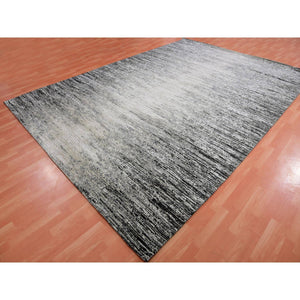 9'10"x14' Caviar Black with Mix of Gray, Hand Knotted, Modern Striae Design, Soft Colors Wool and Silk Oriental Rug FWR452010