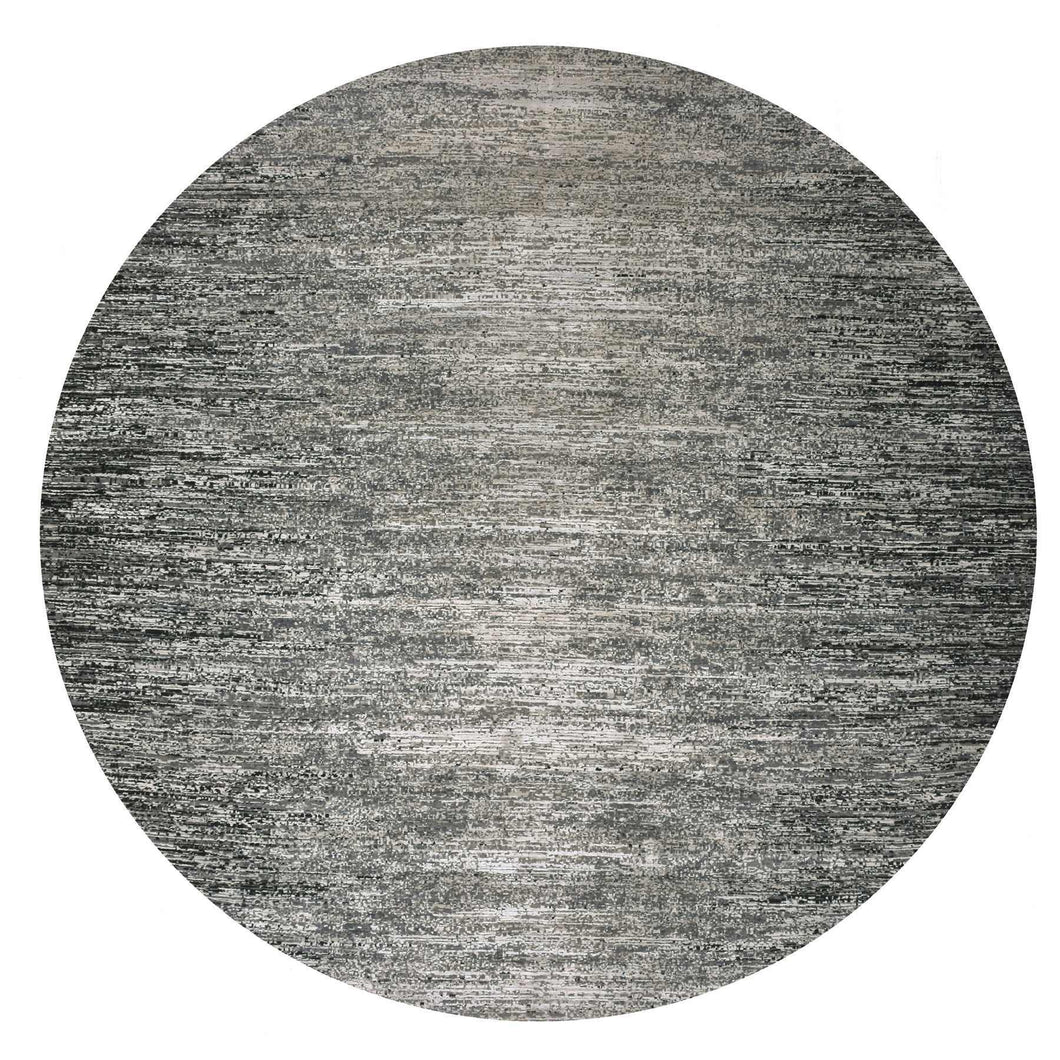 12'x12' Tricorn Black with Shade of Gray, Modern Striae Design, Soft Pile Wool and Silk Hand Knotted, Round Oriental Rug FWR452022