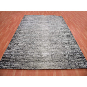 8'x10'3" Domino Black with Misty Gray, Modern Striae Design, Soft Pile Wool and Silk Hand Knotted, Oriental Rug FWR452064