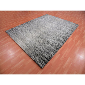 8'x10'3" Domino Black with Misty Gray, Modern Striae Design, Soft Pile Wool and Silk Hand Knotted, Oriental Rug FWR452064