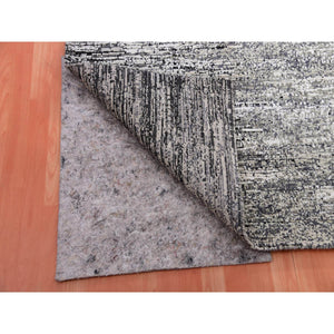 8'x10'3" Domino Black with Misty Gray, Modern Striae Design, Soft Pile Wool and Silk Hand Knotted, Oriental Rug FWR452064