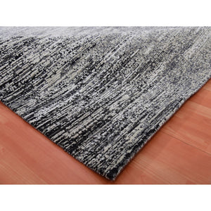 8'x10'3" Domino Black with Misty Gray, Modern Striae Design, Soft Pile Wool and Silk Hand Knotted, Oriental Rug FWR452064