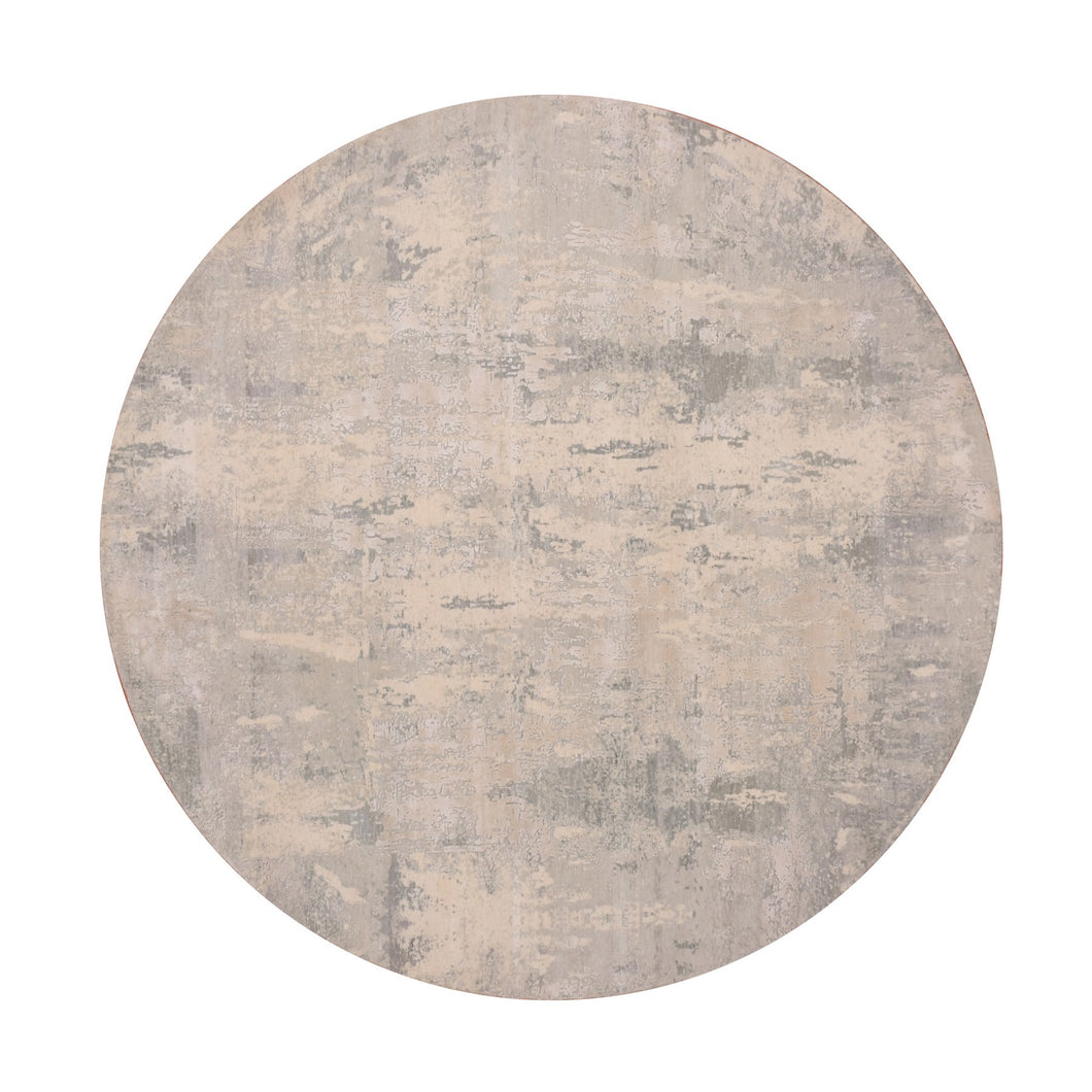 8'x8' Stardew Gray, Wool and Silk Hand Knotted, Modern Abstract Design with Vibrant Colors, Round Oriental Rug FWR452070