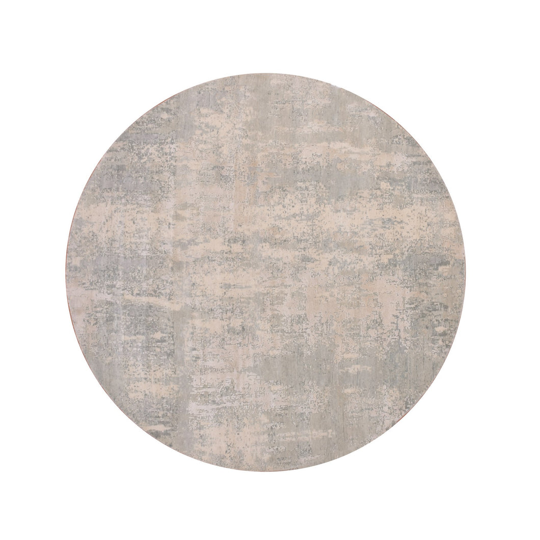 7'x7' Debonair Gray With Mix Of Harbor Gray, Hand Knotted, Modern With Abstract Pattern, Wool and Silk Oriental Round Rug FWR452076