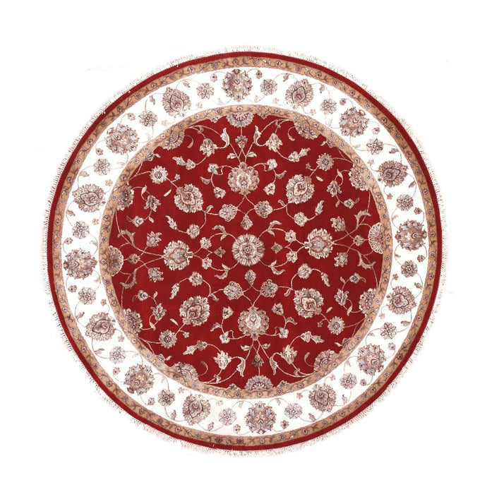 8'x8' Red Dahlia and Chantilly Lace White, Wool and Silk, Hand Knotted, Rajasthan Design, Thick and Plush, All Over Leaf Pattern, Oriental Round Rug FWR452124