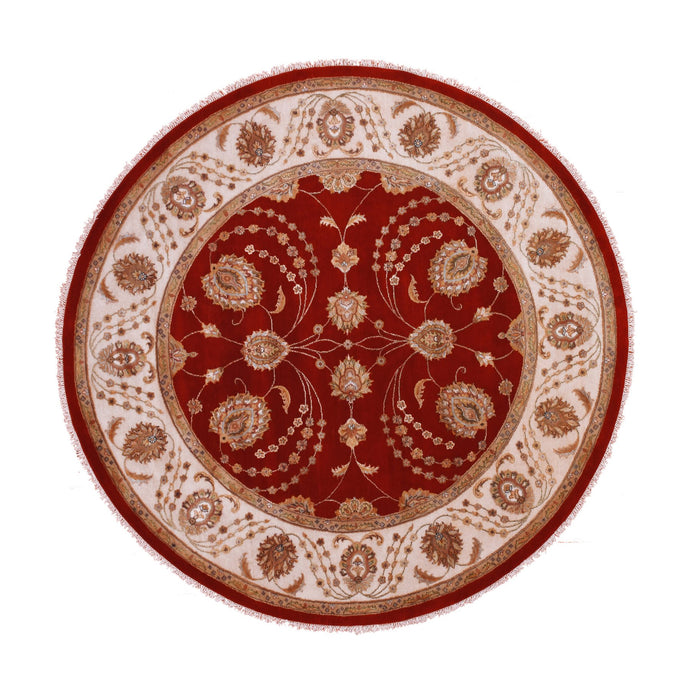 8'x8' Cranberry Zing Red With Shoji White, Hand Knotted Wool and Silk Thick and Plush Soft Pile, All Over Rajasthan Leaf Design, Round Oriental Rug FWR452130