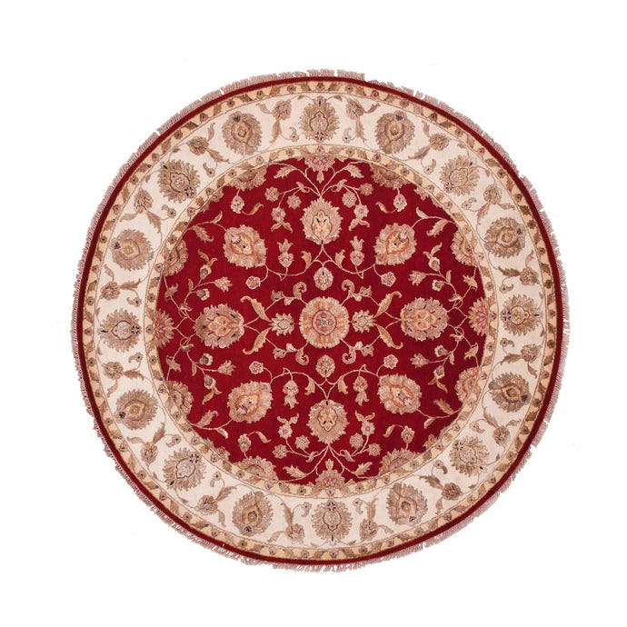 8'x8' Rhubarb Red With Linen White, Wool and Silk Hand Knotted Thick and Plush, Soft Pile, Rajasthan Design and All Over Leaf Pattern, Round Oriental Rug FWR452136