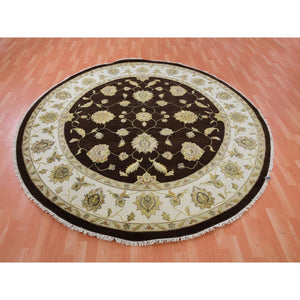 8'x8' Wenge Brown With Wimborne White Border, Hand Knotted Thick and Plush, Rajasthan All Over Design, Wool and Silk Round Oriental Rug FWR452142