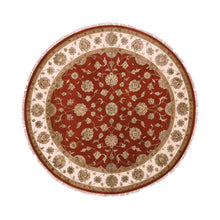 Load image into Gallery viewer, 8&#39;x8&#39; Hot Ember Red, Hand Knotted, Rajasthan Design With Ivory Border, Thick and Plush, All Over Pattern, Wool and Silk, Round Oriental Rug FWR452154