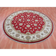 Load image into Gallery viewer, 8&#39;x8&#39; Hot Ember Red, Hand Knotted, Rajasthan Design With Ivory Border, Thick and Plush, All Over Pattern, Wool and Silk, Round Oriental Rug FWR452154