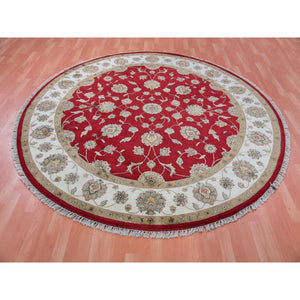 8'x8' Hot Ember Red, Hand Knotted, Rajasthan Design With Ivory Border, Thick and Plush, All Over Pattern, Wool and Silk, Round Oriental Rug FWR452154