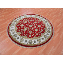 Load image into Gallery viewer, 6&#39;x6&#39; Exotic Red, Hand Knotted All Over Leaf Pattern, Thick and Plush, Wool and Silk, Rajasthan Design, Oriental Round Rug FWR452166