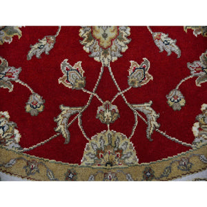 6'x6' Exotic Red, Hand Knotted All Over Leaf Pattern, Thick and Plush, Wool and Silk, Rajasthan Design, Oriental Round Rug FWR452166