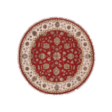 Load image into Gallery viewer, 6&#39;x6&#39; Caliente Red With Cloud White, Rajasthan Design All Over Pattern, Hand Knotted Thick and Plush, Wool and Silk, Round Oriental Rug FWR452172