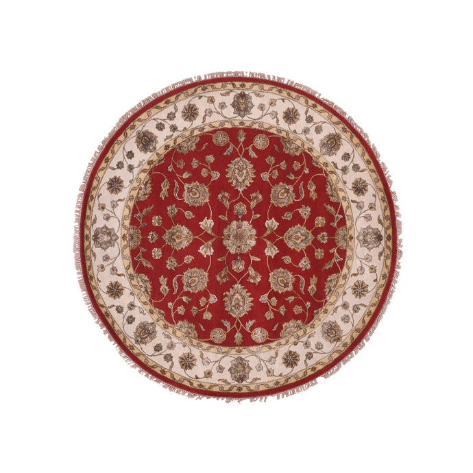 6'x6' Caliente Red With Cloud White, Rajasthan Design All Over Pattern, Hand Knotted Thick and Plush, Wool and Silk, Round Oriental Rug FWR452172